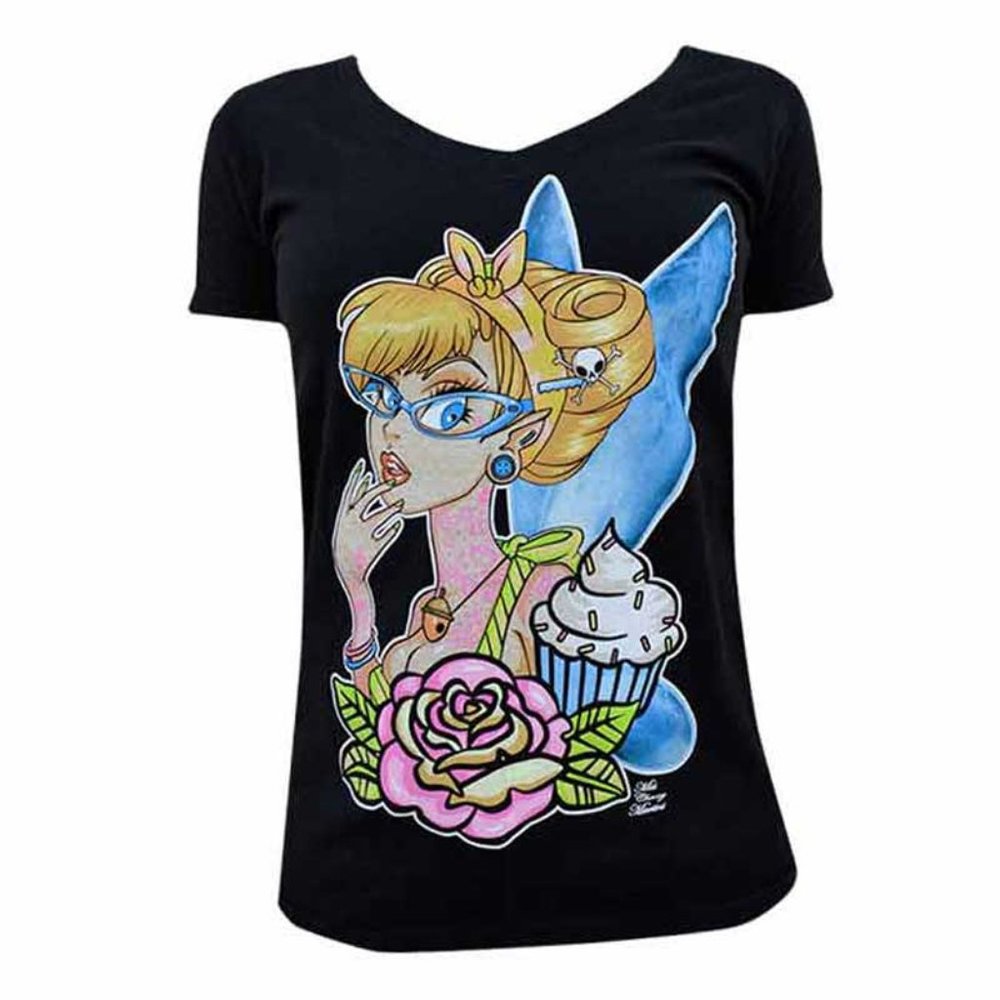 Discontinued!! Tattooed Fairy Tinkerbell Custom Art Black Tee S-M-L -XL-XXL NWT